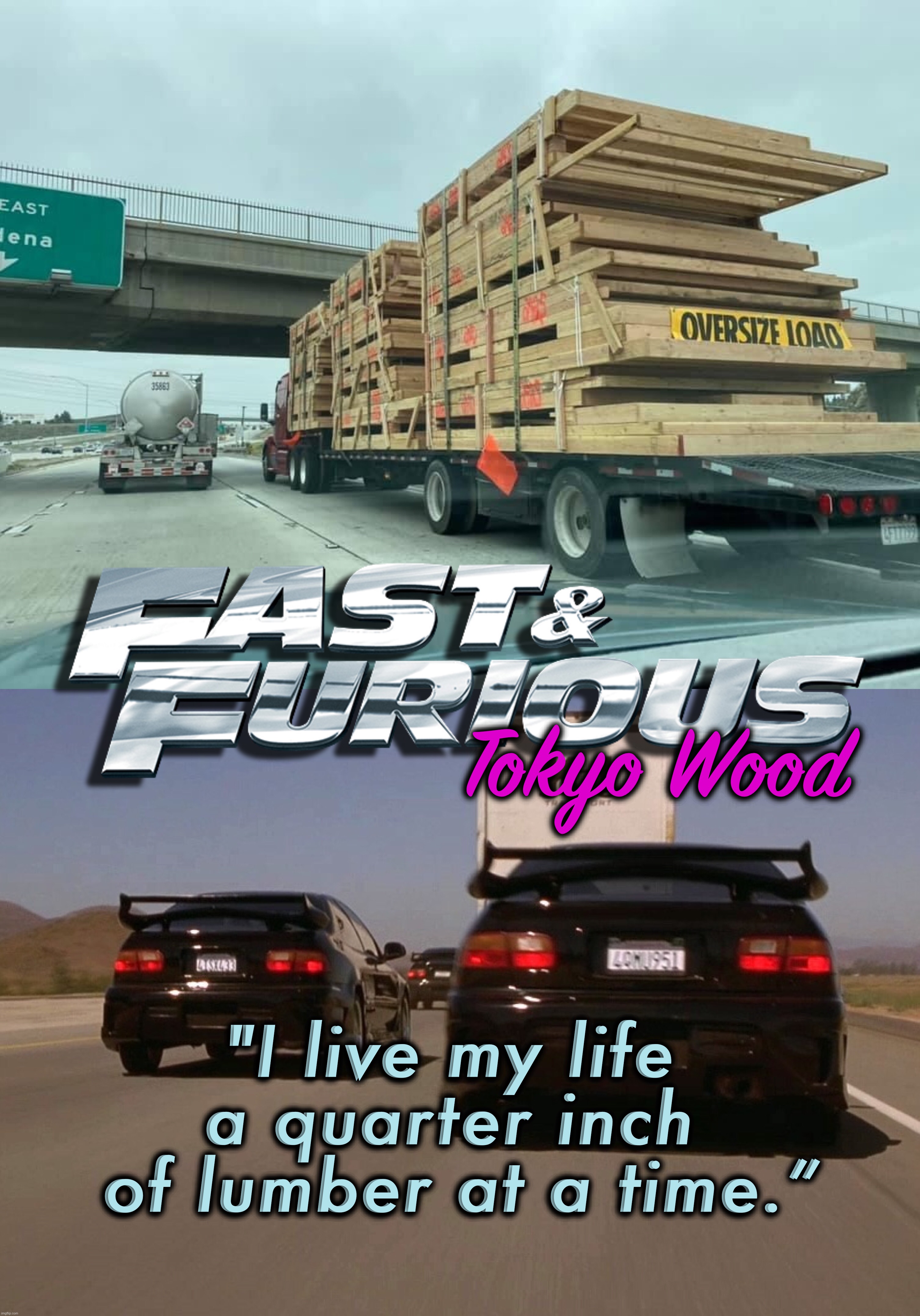 Fast & Furious Tokyo Wood | Tokyo Wood; "I live my life 
a quarter inch 
of lumber at a time.” | image tagged in wood,lumber,cars,movie,movies,fast and furious | made w/ Imgflip meme maker