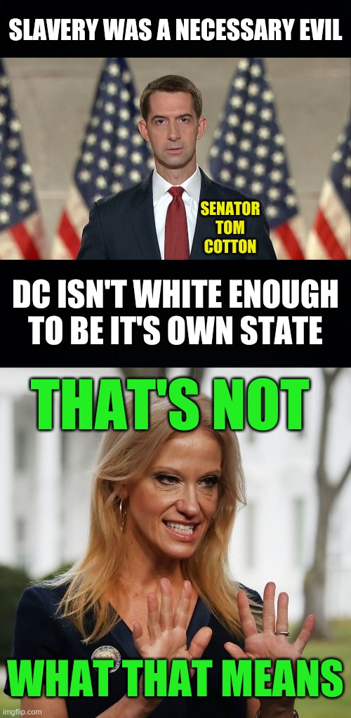 then what DOES it mean? | SLAVERY WAS A NECESSARY EVIL; SENATOR
TOM
COTTON; DC ISN'T WHITE ENOUGH
TO BE IT'S OWN STATE; THAT'S NOT; WHAT THAT MEANS | image tagged in kellyanne conway cropped,conservative hypocrisy,conservative logic,racism,white nationalism,senators | made w/ Imgflip meme maker