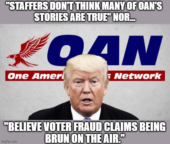 Trump favored media propagandist - OAN - fires news producer for telling the truth | "STAFFERS DON'T THINK MANY OF OAN'S 
STORIES ARE TRUE" NOR... "BELIEVE VOTER FRAUD CLAIMS BEING
BRUN ON THE AIR." | image tagged in trump,election 2020,propaganda,marty goligan,aon,gop lies | made w/ Imgflip meme maker