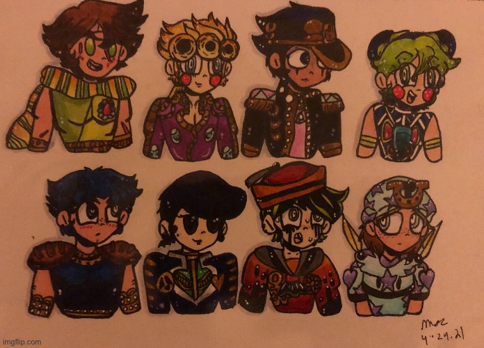 All 8 JoJos! (I know the lighting ain’t the best and I’m sorry. I do hope you enjoy it anyways!) | image tagged in drawings,fan art,jojo's bizarre adventure,characters | made w/ Imgflip meme maker