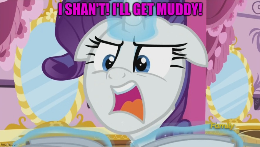 MLp Rarity NO SPOILERS! | I SHAN'T! I'LL GET MUDDY! | image tagged in mlp rarity no spoilers | made w/ Imgflip meme maker