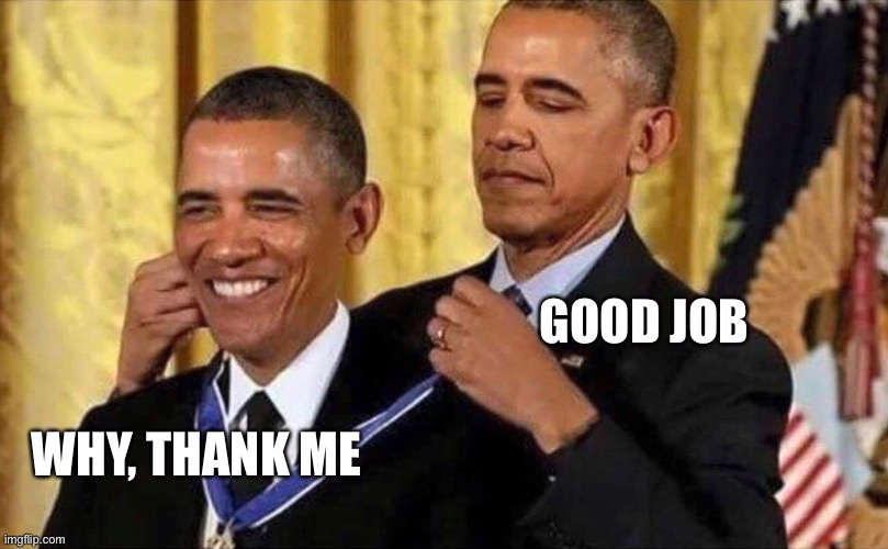 obama medal | GOOD JOB WHY, THANK ME | image tagged in obama medal | made w/ Imgflip meme maker