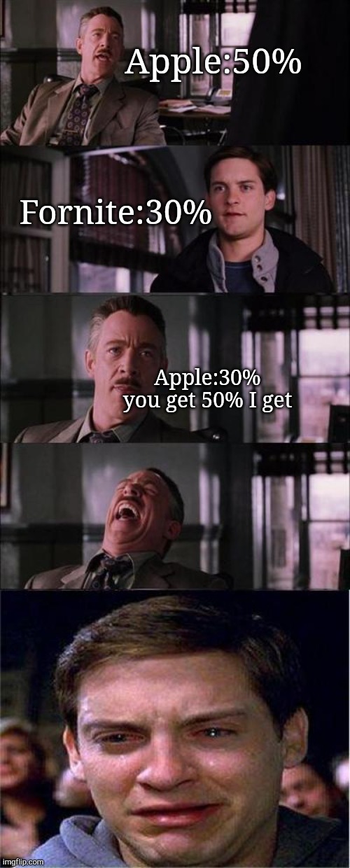 Stongs | Apple:50%; Fornite:30%; Apple:30% you get 50% I get | image tagged in memes,peter parker cry | made w/ Imgflip meme maker