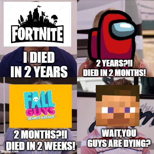 We're the miller | 2 YEARS?!I DIED IN 2 MONTHS! I DIED IN 2 YEARS; WAIT,YOU GUYS ARE DYING? 2 MONTHS?!I DIED IN 2 WEEKS! | image tagged in we're the miller,fortnite,fall guys,among us,minecraft,gaming | made w/ Imgflip meme maker
