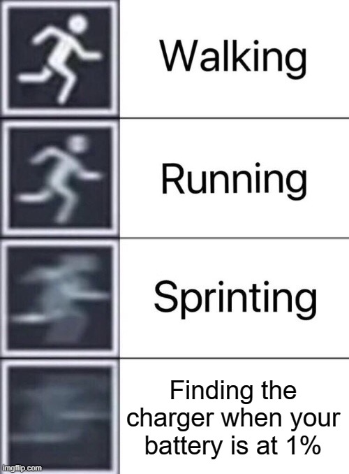 Walking, Running, Sprinting |  Finding the charger when your battery is at 1% | image tagged in walking running sprinting,charger,phone,relatable,memes | made w/ Imgflip meme maker