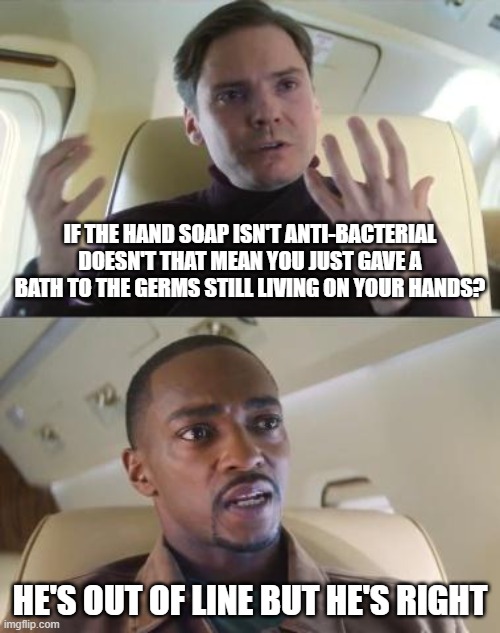 At least the germs are clean. | IF THE HAND SOAP ISN'T ANTI-BACTERIAL DOESN'T THAT MEAN YOU JUST GAVE A BATH TO THE GERMS STILL LIVING ON YOUR HANDS? HE'S OUT OF LINE BUT HE'S RIGHT | image tagged in he s out of line but he s right,memes,hand soap,anti bacterial,wash hands | made w/ Imgflip meme maker