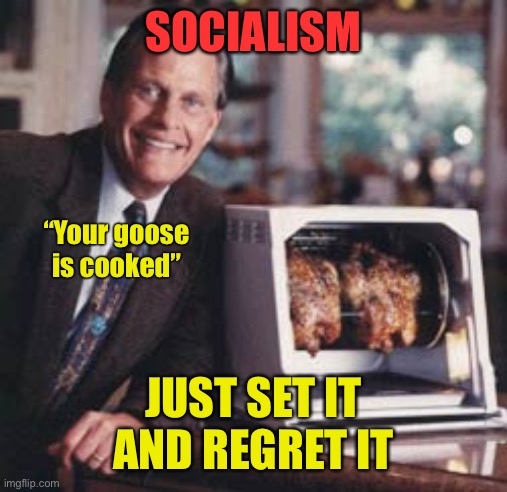 And Just Like That | SOCIALISM; “Your goose is cooked”; JUST SET IT
AND REGRET IT | image tagged in socialism,regret,cooked goose | made w/ Imgflip meme maker