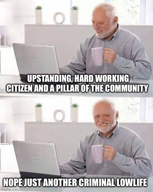 Hide the Pain Harold Meme | UPSTANDING, HARD WORKING CITIZEN AND A PILLAR OF THE COMMUNITY NOPE JUST ANOTHER CRIMINAL LOWLIFE | image tagged in memes,hide the pain harold | made w/ Imgflip meme maker