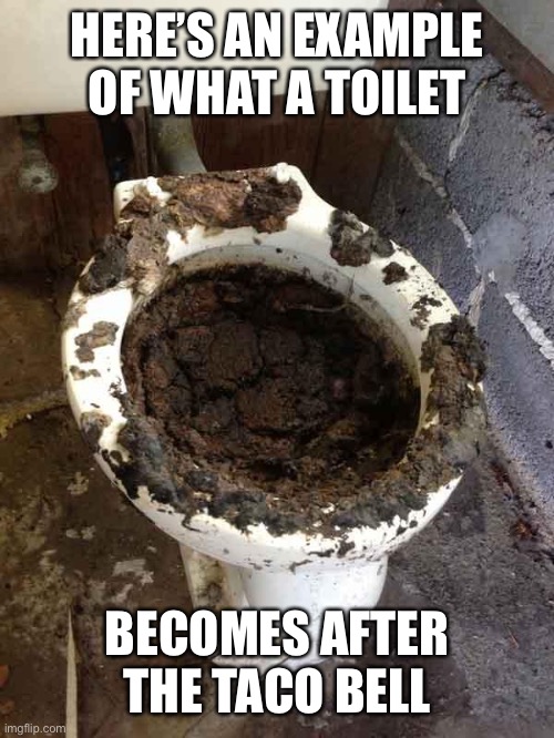 toilet | HERE’S AN EXAMPLE OF WHAT A TOILET BECOMES AFTER THE TACO BELL | image tagged in toilet | made w/ Imgflip meme maker