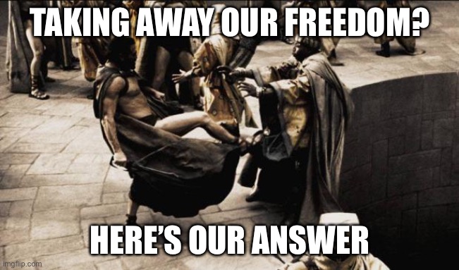 madness - this is sparta | TAKING AWAY OUR FREEDOM? HERE’S OUR ANSWER | image tagged in madness - this is sparta | made w/ Imgflip meme maker