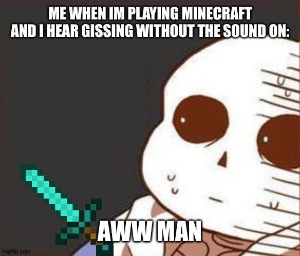 Aww man! | ME WHEN IM PLAYING MINECRAFT AND I HEAR GISSING WITHOUT THE SOUND ON:; AWW MAN | image tagged in sans wtf | made w/ Imgflip meme maker