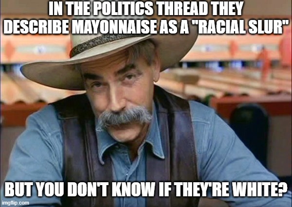 Sam Elliott special kind of stupid | IN THE POLITICS THREAD THEY DESCRIBE MAYONNAISE AS A "RACIAL SLUR" BUT YOU DON'T KNOW IF THEY'RE WHITE? | image tagged in sam elliott special kind of stupid | made w/ Imgflip meme maker