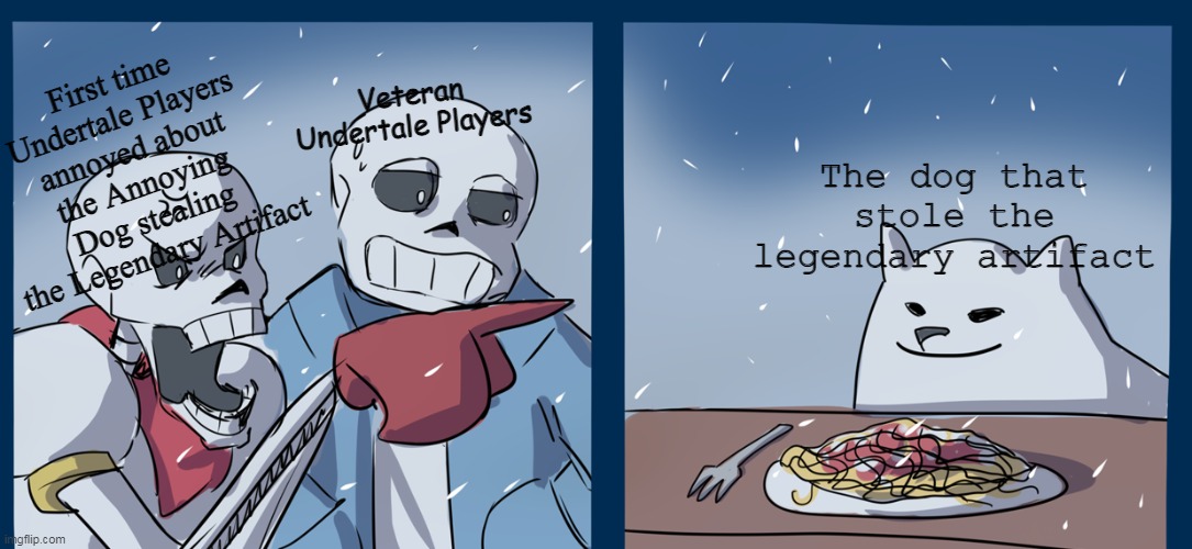 Beware of The Dog! |  Veteran Undertale Players; First time Undertale Players annoyed about the Annoying Dog stealing the Legendary Artifact; The dog that stole the legendary artifact | image tagged in papyrus yelling at toby fox,undertale,comic sans,papyrus,sans undertale,papyrus undertale | made w/ Imgflip meme maker