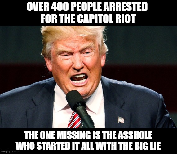 ARREST CRIMINAL TRUMP | OVER 400 PEOPLE ARRESTED 
FOR THE CAPITOL RIOT; THE ONE MISSING IS THE ASSHOLE WHO STARTED IT ALL WITH THE BIG LIE | image tagged in psychopath,liar,the big lie,twice impeached,traitor | made w/ Imgflip meme maker