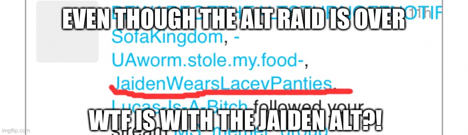 EVEN THOUGH THE ALT RAID IS OVER; WTF IS WITH THE JAIDEN ALT?! | image tagged in panties,alts | made w/ Imgflip meme maker