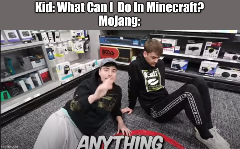 Kid: What Can I  Do In Minecraft?
Mojang: | image tagged in minecraft | made w/ Imgflip meme maker