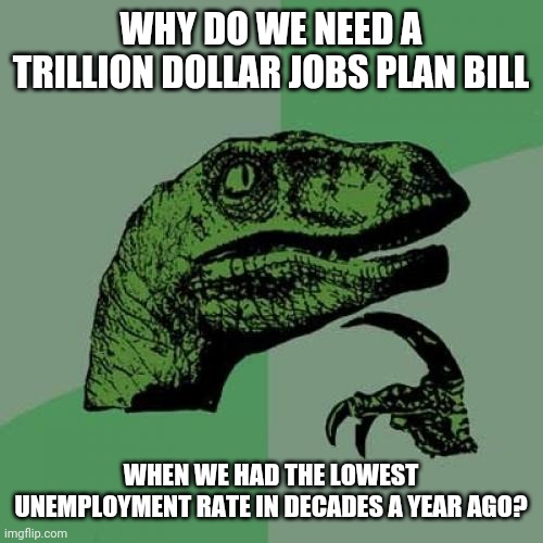 Philosoraptor | WHY DO WE NEED A TRILLION DOLLAR JOBS PLAN BILL; WHEN WE HAD THE LOWEST UNEMPLOYMENT RATE IN DECADES A YEAR AGO? | image tagged in memes,philosoraptor | made w/ Imgflip meme maker
