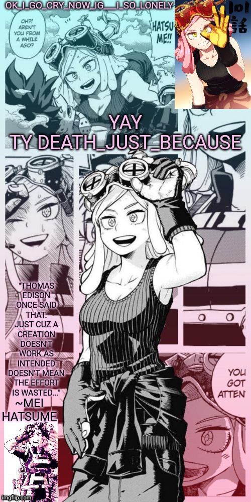 my mei temp | YAY 
TY DEATH_JUST_BECAUSE | image tagged in my mei temp | made w/ Imgflip meme maker
