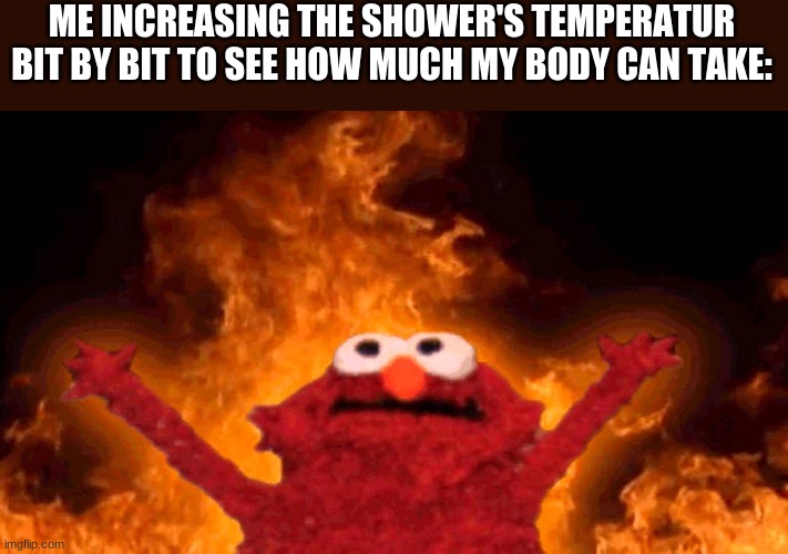 elmo fire | ME INCREASING THE SHOWER'S TEMPERATUR BIT BY BIT TO SEE HOW MUCH MY BODY CAN TAKE: | image tagged in elmo fire,shower,relatable | made w/ Imgflip meme maker