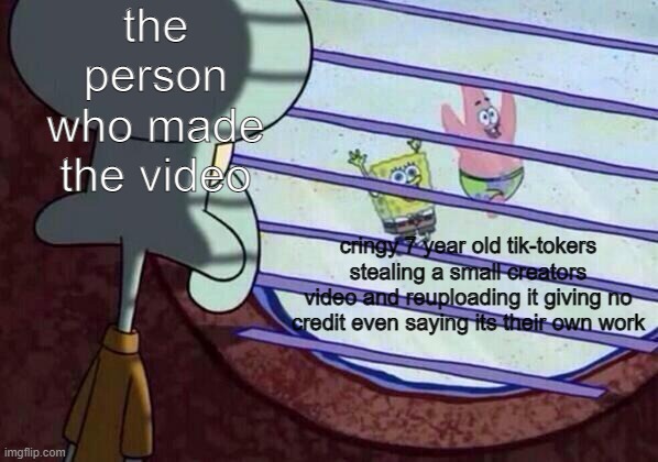 tik-tokers hate that | the person who made the video; cringy 7 year old tik-tokers stealing a small creators video and reuploading it giving no credit even saying its their own work | image tagged in squidward window | made w/ Imgflip meme maker