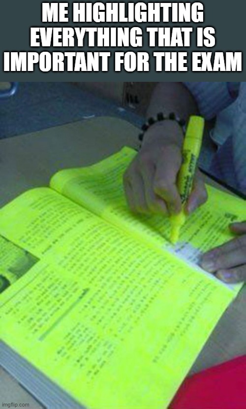 Highlighted text meme | ME HIGHLIGHTING EVERYTHING THAT IS IMPORTANT FOR THE EXAM | image tagged in highlighted text meme | made w/ Imgflip meme maker