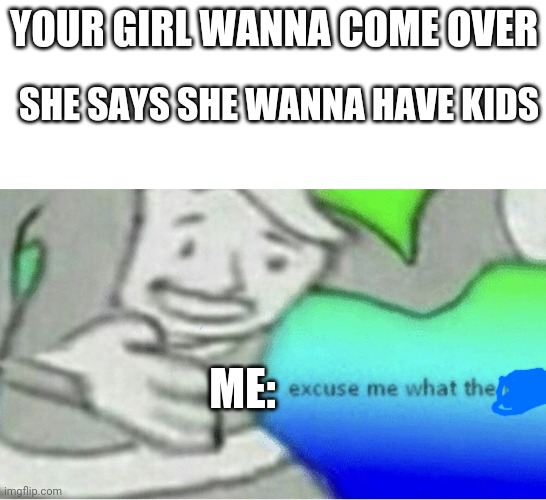 Excuse me, wtf | SHE SAYS SHE WANNA HAVE KIDS; YOUR GIRL WANNA COME OVER; ME: | image tagged in excuse me wtf blank template | made w/ Imgflip meme maker