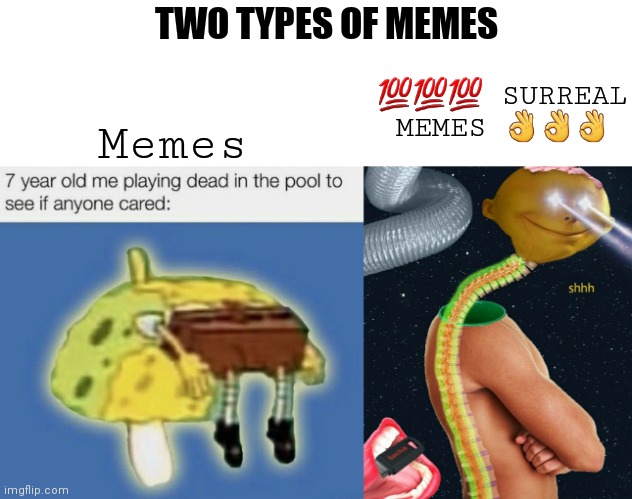 I prefer surreal memes | TWO TYPES OF MEMES; 💯💯💯 SURREAL MEMES 👌👌👌; Memes | image tagged in surreal memes,memes,types of memes,then and now | made w/ Imgflip meme maker