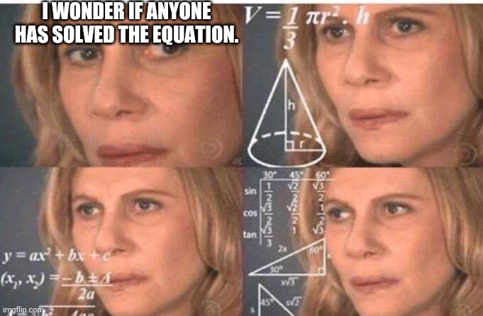 I really do wonder if anyone solved the equation. | I WONDER IF ANYONE HAS SOLVED THE EQUATION. | image tagged in math lady/confused lady | made w/ Imgflip meme maker