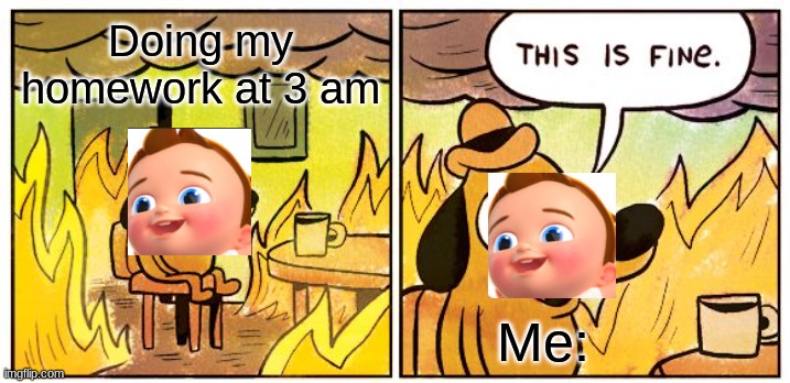 This Is Fine Meme | Doing my homework at 3 am; Me: | image tagged in memes,this is fine | made w/ Imgflip meme maker