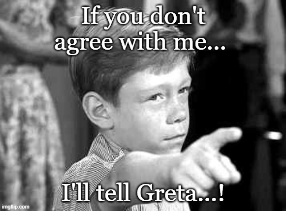 I'll tell Greta... | If you don't agree with me... I'll tell Greta...! | image tagged in twilight zone,greta,ecofascist greta thunberg | made w/ Imgflip meme maker