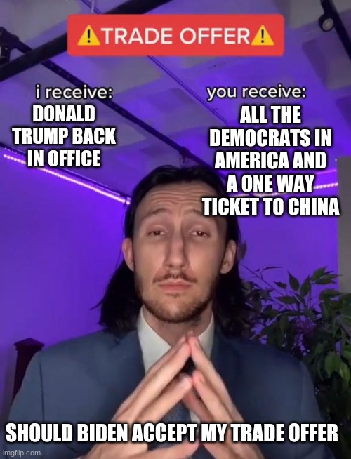 Trade Offer | ALL THE DEMOCRATS IN AMERICA AND A ONE WAY TICKET TO CHINA; DONALD TRUMP BACK IN OFFICE; SHOULD BIDEN ACCEPT MY TRADE OFFER | image tagged in trade offer | made w/ Imgflip meme maker