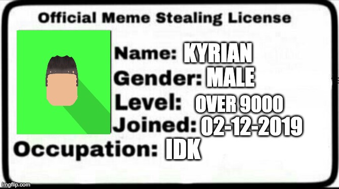 Meme Stealing License | KYRIAN; MALE; OVER 9000; 02-12-2019; IDK | image tagged in meme stealing license | made w/ Imgflip meme maker