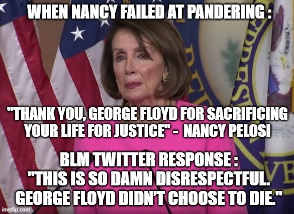Epic fail, Nancy | WHEN NANCY FAILED AT PANDERING :; BLM TWITTER RESPONSE :
"THIS IS SO DAMN DISRESPECTFUL. GEORGE FLOYD DIDN’T CHOOSE TO DIE."; "THANK YOU, GEORGE FLOYD FOR SACRIFICING YOUR LIFE FOR JUSTICE" -  NANCY PELOSI | image tagged in floyd,pelosi,blm,derek,antifa,democrats | made w/ Imgflip meme maker