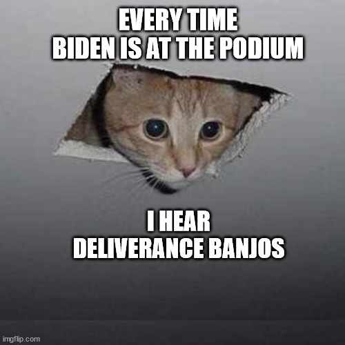Ceiling Cat | EVERY TIME BIDEN IS AT THE PODIUM; I HEAR DELIVERANCE BANJOS | image tagged in memes,ceiling cat | made w/ Imgflip meme maker