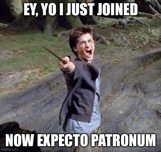 *Insert creative title here* | EY, YO I JUST JOINED; NOW EXPECTO PATRONUM | image tagged in harry potter | made w/ Imgflip meme maker