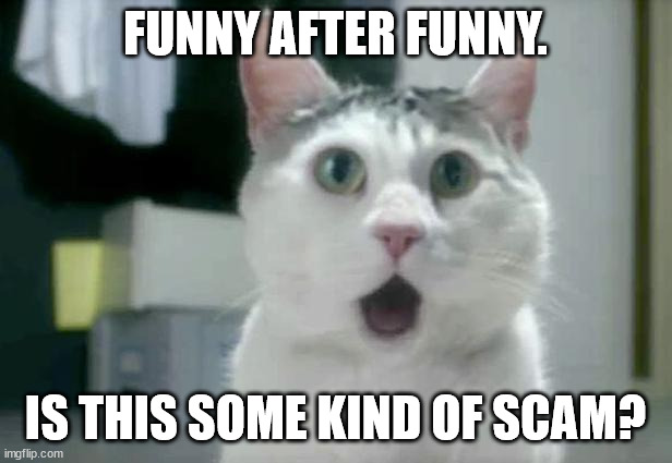 OMG Cat | FUNNY AFTER FUNNY. IS THIS SOME KIND OF SCAM? | image tagged in memes,omg cat | made w/ Imgflip meme maker