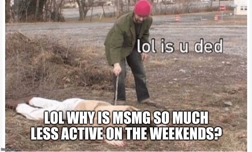 Lol is u ded | LOL WHY IS MSMG SO MUCH LESS ACTIVE ON THE WEEKENDS? | image tagged in lol is u ded | made w/ Imgflip meme maker