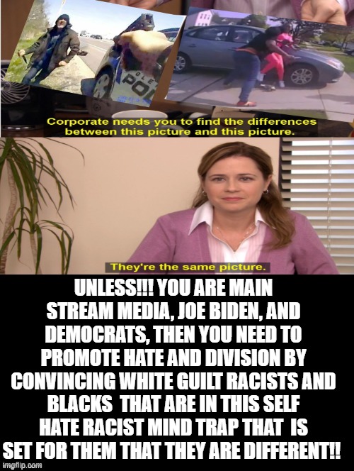 They're the same picture!! UNLESS!! | UNLESS!!! YOU ARE MAIN STREAM MEDIA, JOE BIDEN, AND DEMOCRATS, THEN YOU NEED TO PROMOTE HATE AND DIVISION BY CONVINCING WHITE GUILT RACISTS AND BLACKS  THAT ARE IN THIS SELF HATE RACIST MIND TRAP THAT  IS SET FOR THEM THAT THEY ARE DIFFERENT!! | image tagged in morons,idiots,biden,stupid liberals,blm,fake news | made w/ Imgflip meme maker