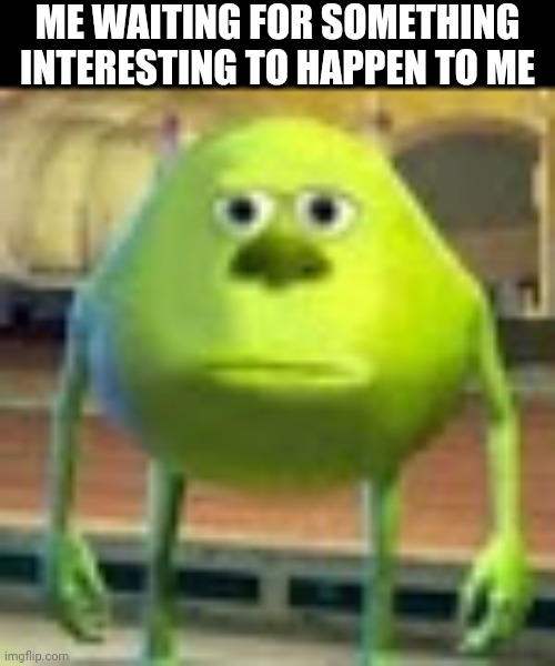 Sully Wazowski | ME WAITING FOR SOMETHING INTERESTING TO HAPPEN TO ME | image tagged in sully wazowski | made w/ Imgflip meme maker