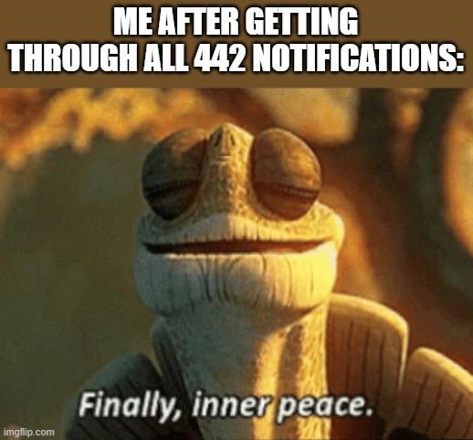 I hate when I keep getting more and more notifications | ME AFTER GETTING THROUGH ALL 442 NOTIFICATIONS: | image tagged in finally inner peace,notifications,memes | made w/ Imgflip meme maker