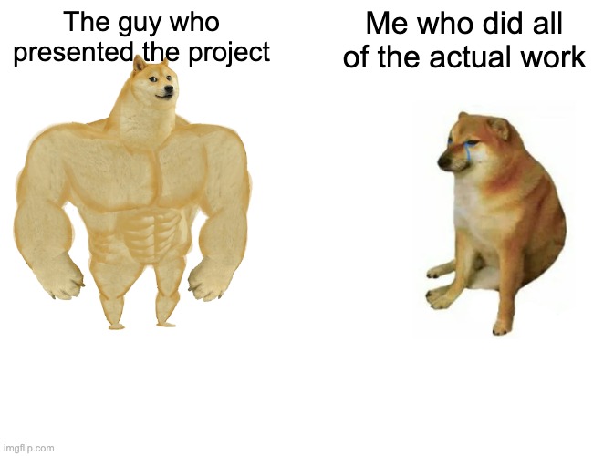 Group projects be like | The guy who presented the project; Me who did all of the actual work | image tagged in memes,buff doge vs cheems,funny,there seems to be no sign of intelligent life anywhere | made w/ Imgflip meme maker