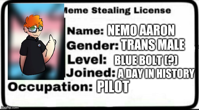 Meme Stealing License | NEMO AARON; TRANS MALE; BLUE BOLT (?); A DAY IN HISTORY; PILOT | image tagged in meme stealing license | made w/ Imgflip meme maker
