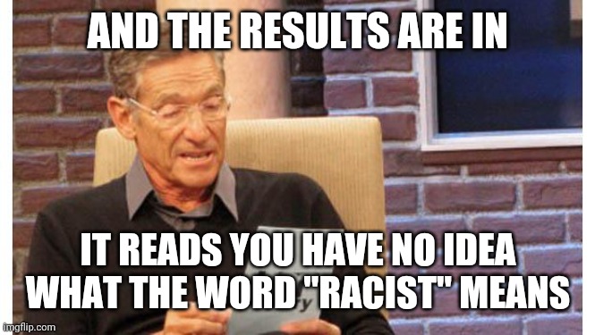maury povich | AND THE RESULTS ARE IN; IT READS YOU HAVE NO IDEA WHAT THE WORD "RACIST" MEANS | image tagged in maury povich | made w/ Imgflip meme maker