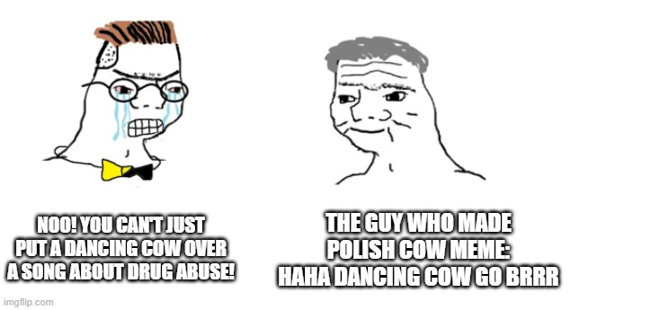 nooo haha go brrr | NOO! YOU CAN'T JUST PUT A DANCING COW OVER A SONG ABOUT DRUG ABUSE! THE GUY WHO MADE POLISH COW MEME: HAHA DANCING COW GO BRRR | image tagged in nooo haha go brrr | made w/ Imgflip meme maker