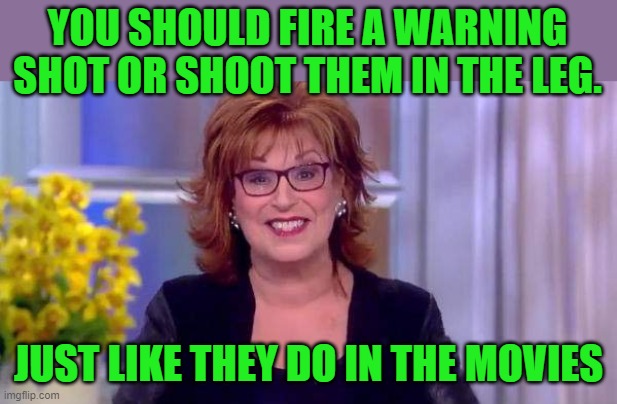 More advice on how to be a cop from those that have never been a cop nor shot a gun. | YOU SHOULD FIRE A WARNING SHOT OR SHOOT THEM IN THE LEG. JUST LIKE THEY DO IN THE MOVIES | image tagged in joy b,cops,guns | made w/ Imgflip meme maker
