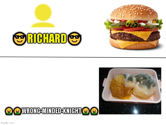 Good Burger Vs. Moldy Burger | 😎RICHARD😎; 🤮🤮WRONG-MINDED-KNIGHT🤮🤮 | image tagged in good burger vs moldy burger | made w/ Imgflip meme maker