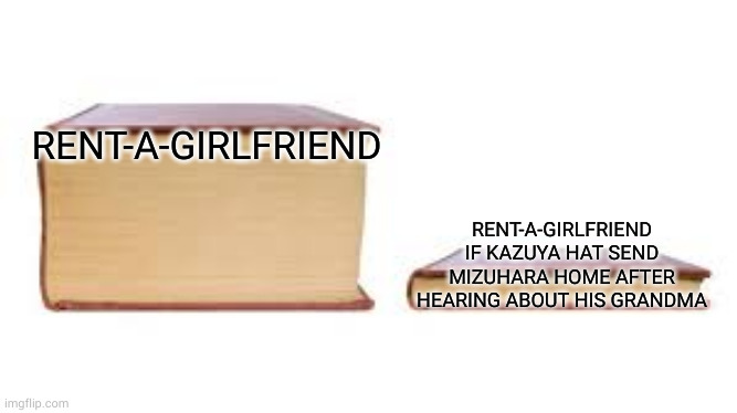 no front but he is an idiot | RENT-A-GIRLFRIEND; RENT-A-GIRLFRIEND IF KAZUYA HAT SEND MIZUHARA HOME AFTER HEARING ABOUT HIS GRANDMA | image tagged in big book small book | made w/ Imgflip meme maker