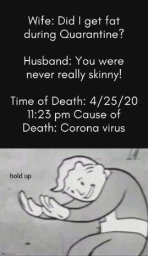 ye i think we know wot happened here | image tagged in fallout hold up,funny,husband wife,coronavirus,death | made w/ Imgflip meme maker