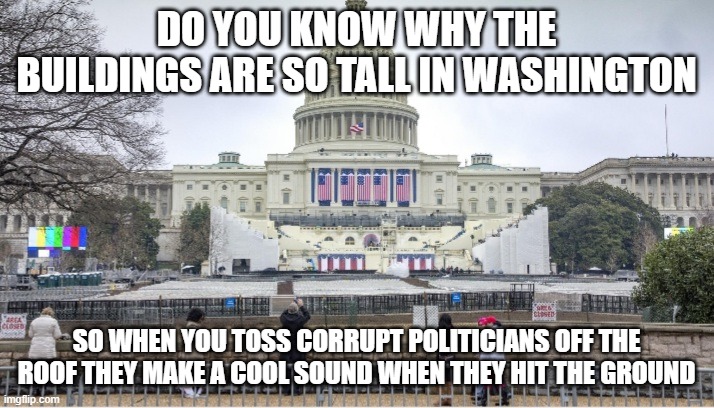 Capital Building | DO YOU KNOW WHY THE BUILDINGS ARE SO TALL IN WASHINGTON; SO WHEN YOU TOSS CORRUPT POLITICIANS OFF THE ROOF THEY MAKE A COOL SOUND WHEN THEY HIT THE GROUND | image tagged in capital building | made w/ Imgflip meme maker