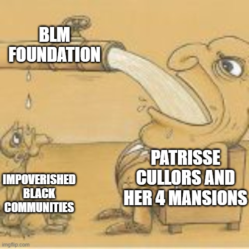 BLM doesn't really practice what they preach |  BLM FOUNDATION; IMPOVERISHED BLACK COMMUNITIES; PATRISSE CULLORS AND HER 4 MANSIONS | image tagged in fat man drinking from pipe,black lives matter,liberal hypocrisy,corporate greed,poverty | made w/ Imgflip meme maker